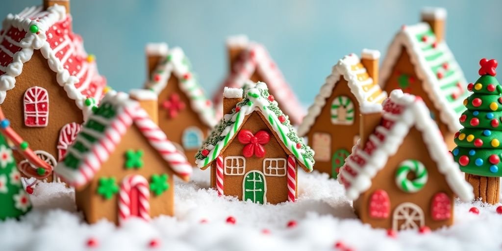 Colorful gingerbread houses decorated with candy and icing.