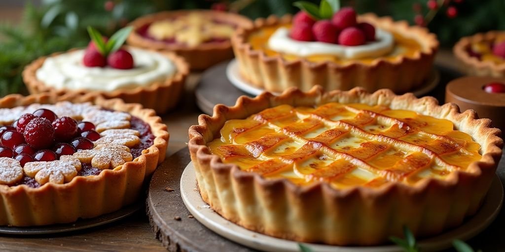 Assorted decorative holiday pies on a wooden table.