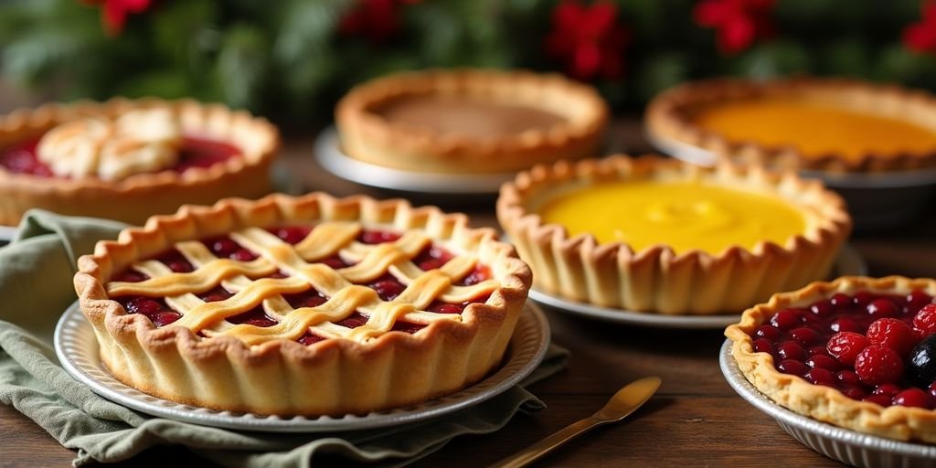 Colorful holiday pies on a rustic table setting.