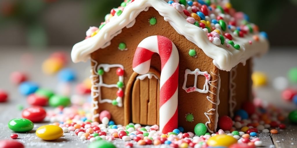 Colorful gingerbread house decorated with assorted candies.