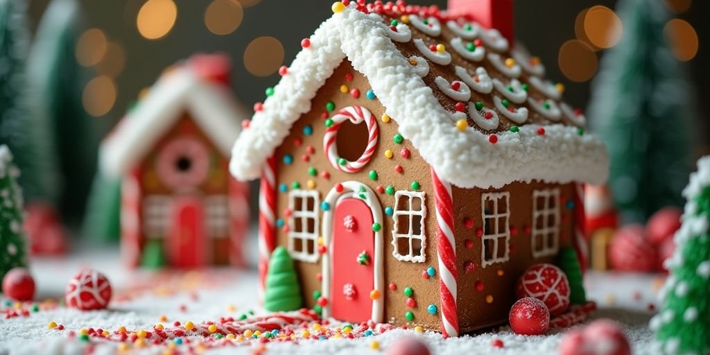 Decorated gingerbread house with colorful icing and candy.