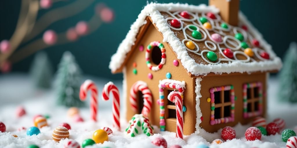 Decorated gingerbread house with colorful candies and icing.