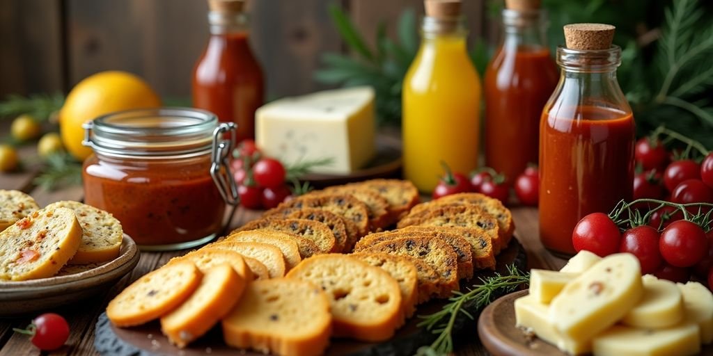 Assorted savory food gifts on a wooden platter.