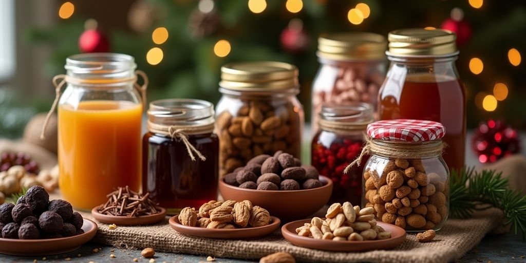 Assorted homemade Christmas food gifts in festive setting.