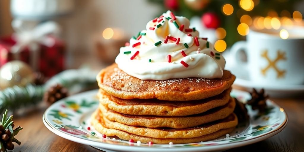 Stack of gingerbread pancakes with cream and sprinkles.