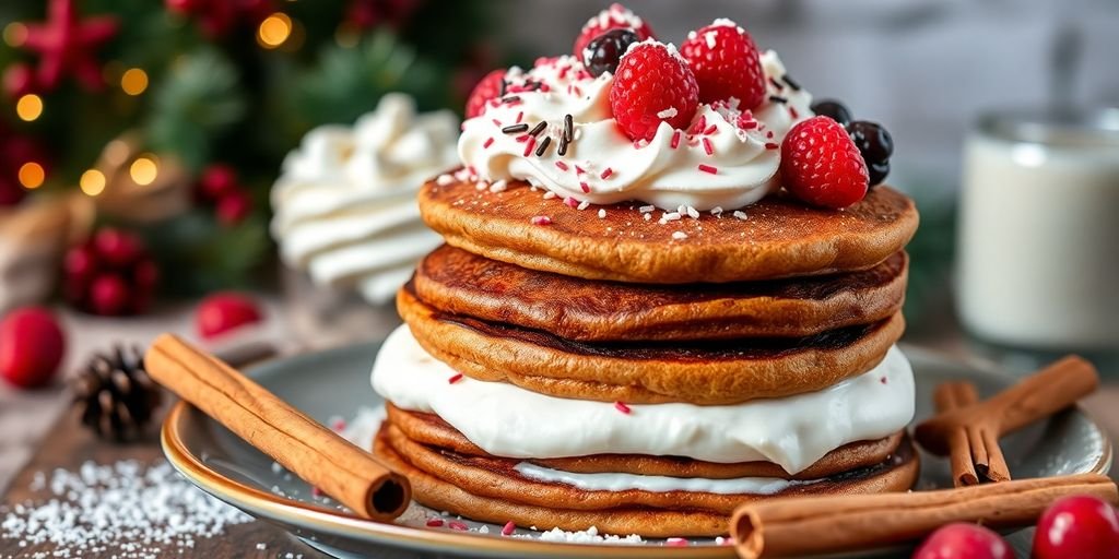 Stack of gingerbread pancakes with festive toppings.