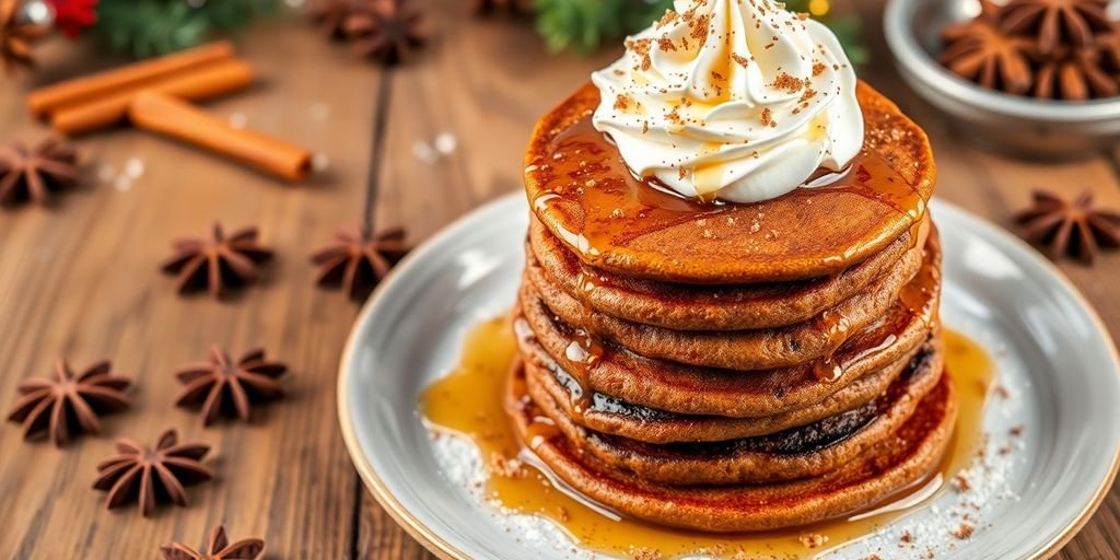 Festive gingerbread pancakes with whipped cream and syrup.