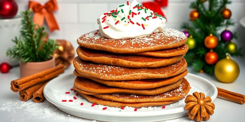 Festive gingerbread pancakes with toppings and Christmas decorations.