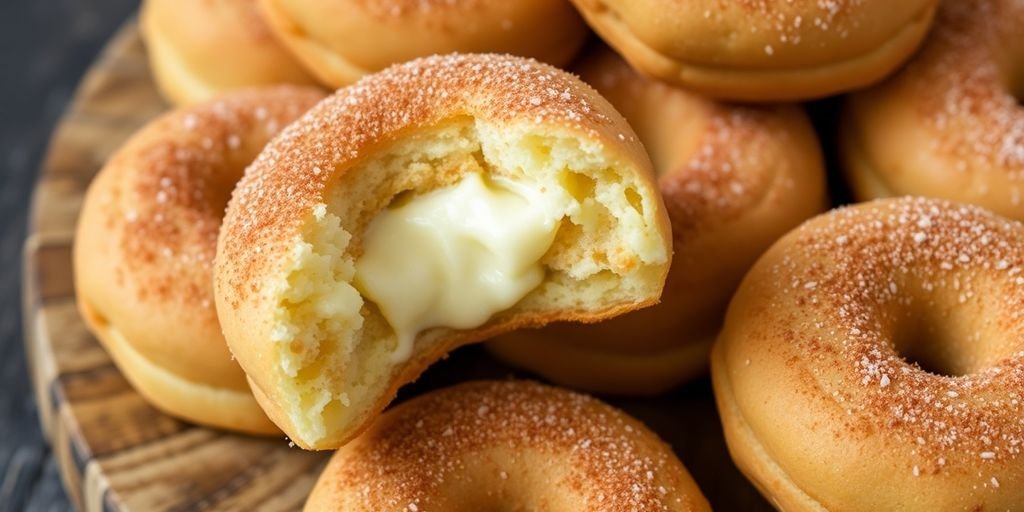 Churro cheesecake donut cookies on a wooden surface.