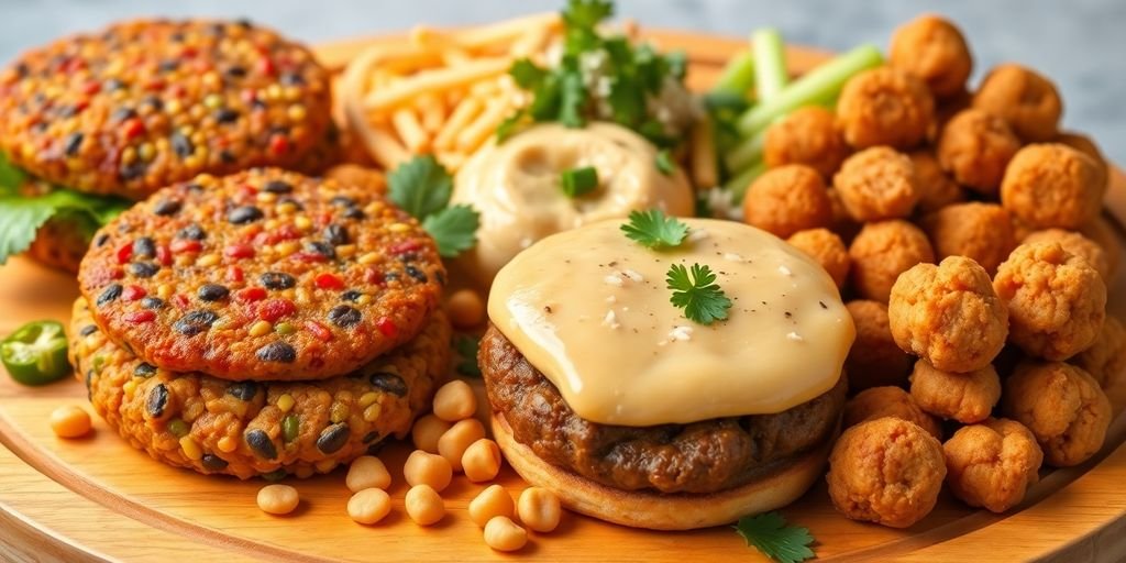 An assortment of colorful bean-based meat alternatives on a platter.