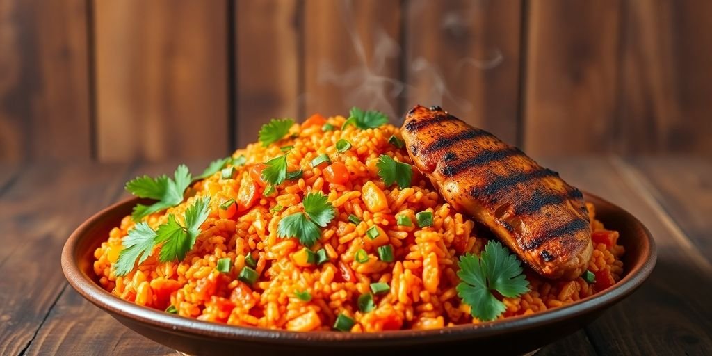 Bowl of Jollof rice with grilled chicken and vegetables.