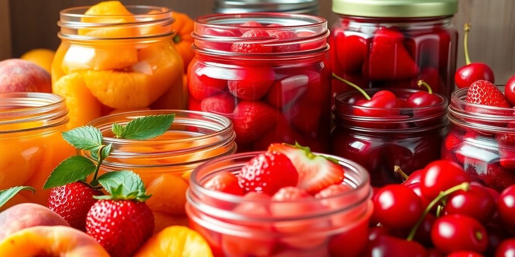 Colorful sugar-free preserved summer fruits in jars.