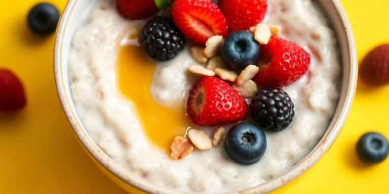 Bowl of high-protein overnight oats with fresh berries.