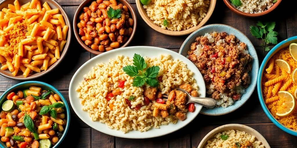 Colorful pantry meals on a wooden table.