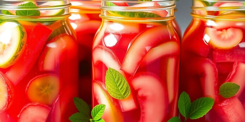 Colorful watermelon rind pickles in glass jars with mint.