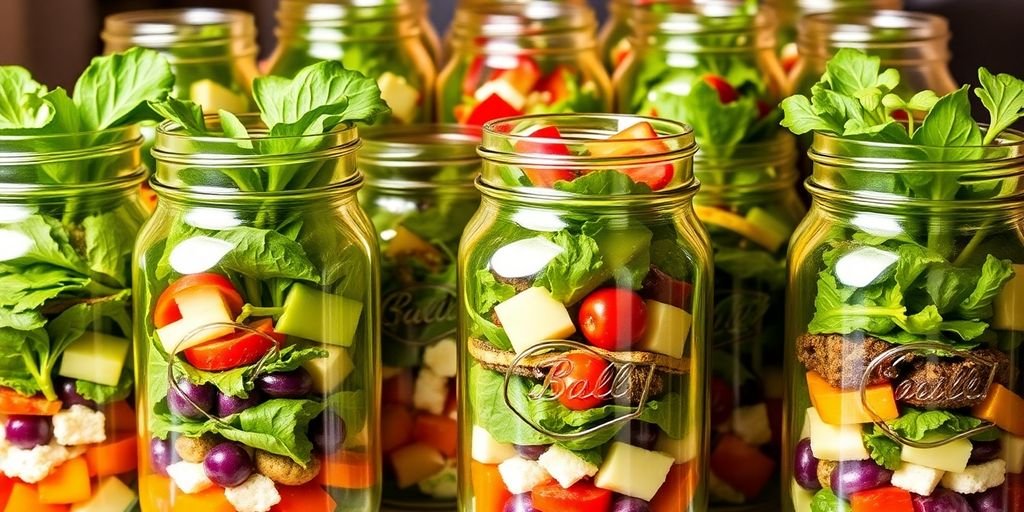 Colorful mason jar salads filled with fresh ingredients.