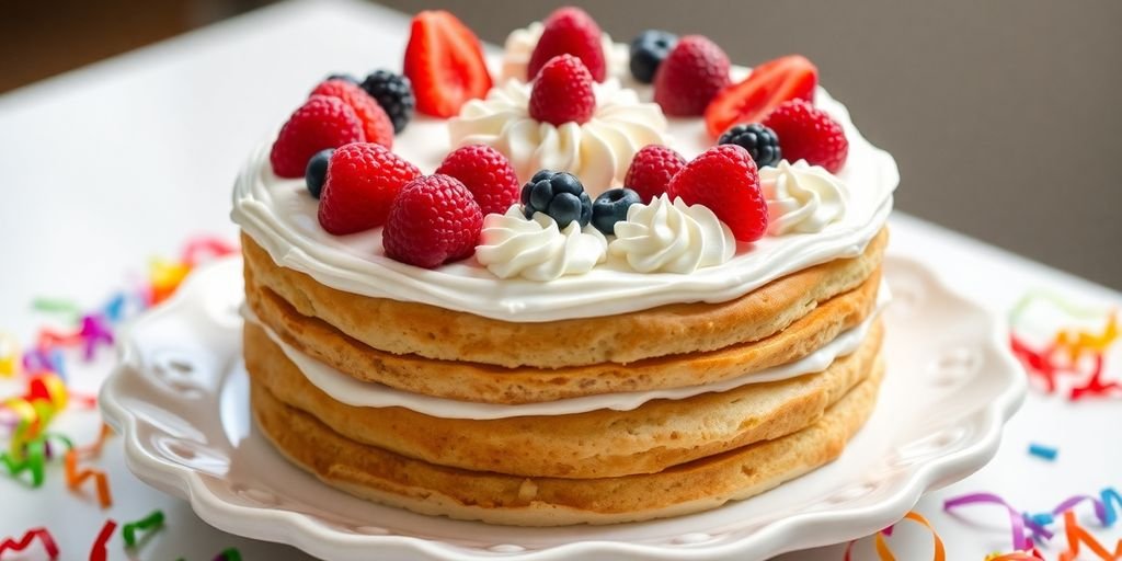 Sugar-free birthday cake with berries, bright lighting, elegant plate.