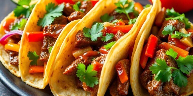 Colorful bulgogi tacos with beef and fresh toppings.