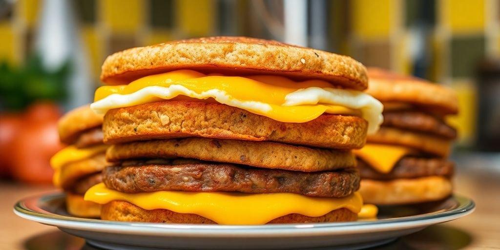 Golden brown breakfast sandwiches with eggs and cheese.