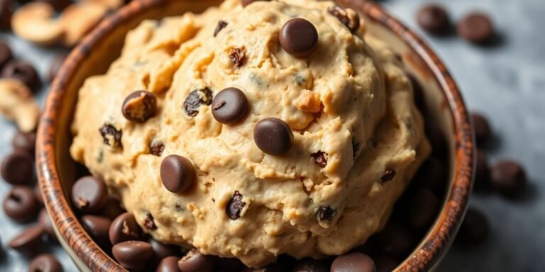 Close-up of chickpea cookie dough with chocolate chips.