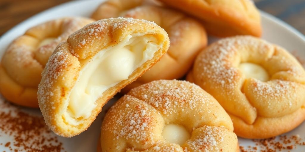 Golden-brown cream cheese churro cookies with cinnamon sugar.