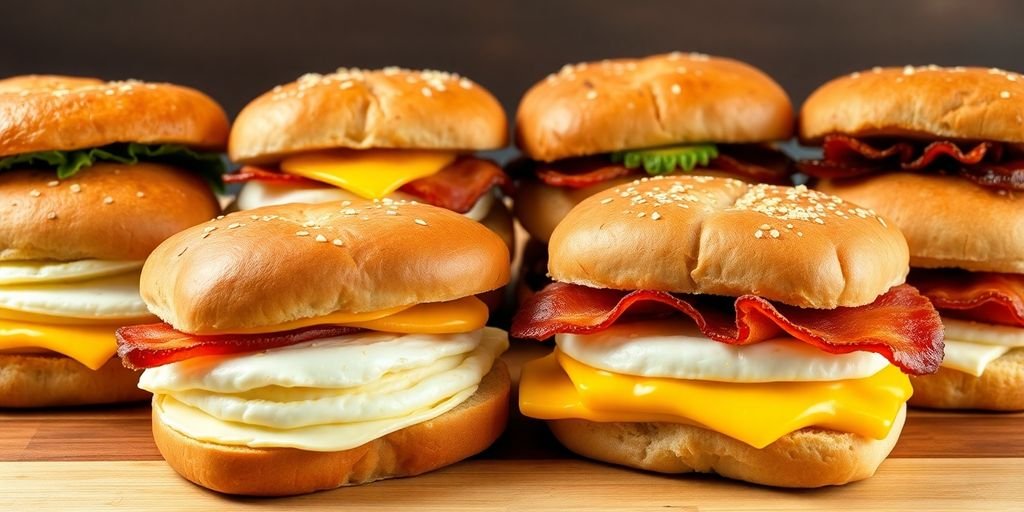 Delicious breakfast sandwiches on a wooden board.