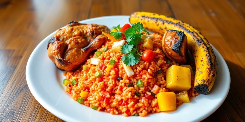 Delicious Jollof rice with vegetables and grilled chicken.