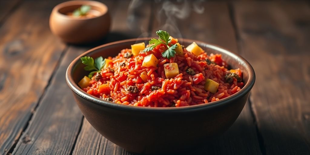 Colorful bowl of Jollof Rice with vegetables.