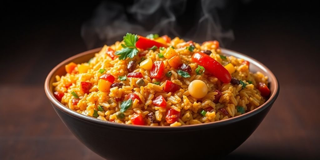 Bowl of Jollof Rice with vegetables and herbs.