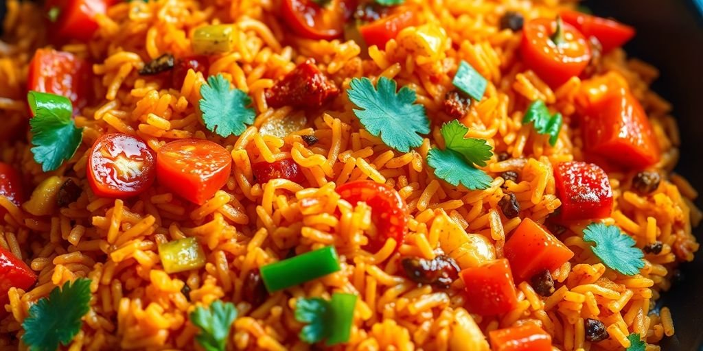 Colorful Jollof rice with fresh vegetables and spices.