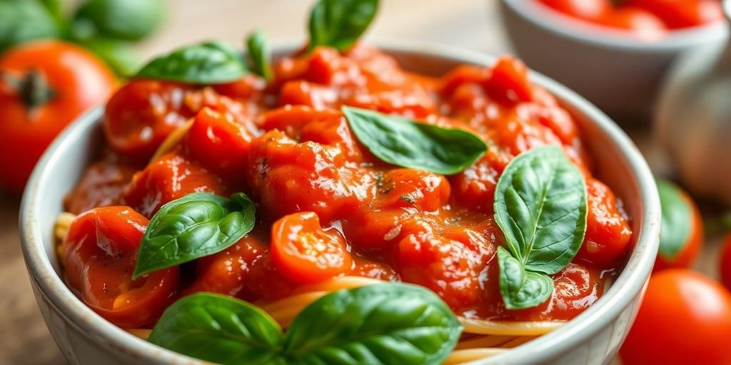 Vibrant garlic-free pasta sauce in a bowl.