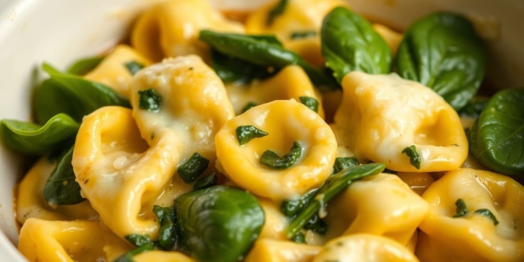 Cheesy spinach tortellini in a slow cooker with cheese.