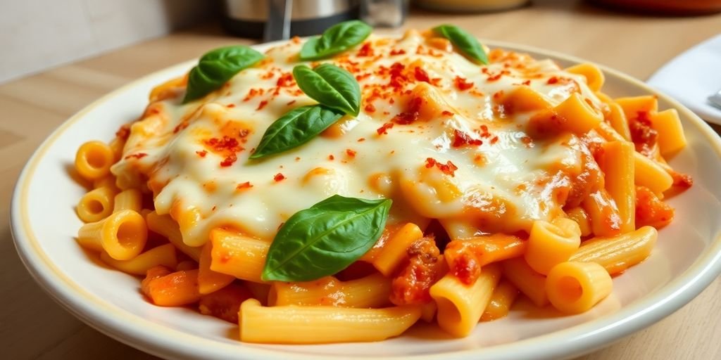 Baked ziti with cheese and basil in a bowl.