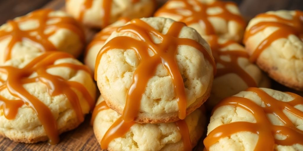 Close-up of caramel cheesecake cookies on a wooden table.