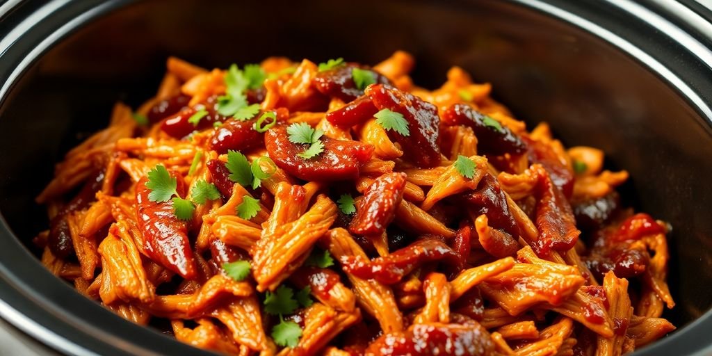 BBQ shredded chicken in a slow cooker with herbs.