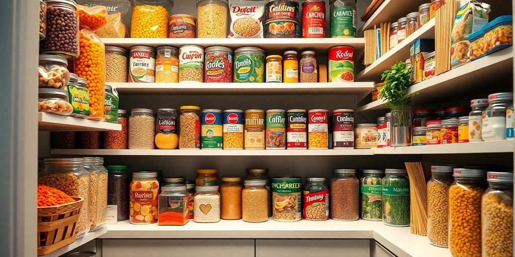 Colorful pantry shelves filled with budget-friendly staple foods.