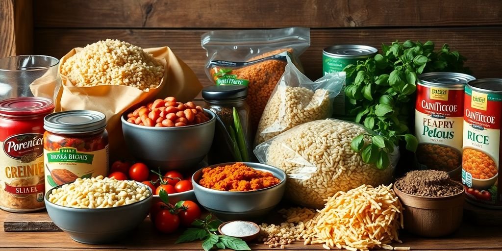 Colorful pantry staples on a rustic wooden table.