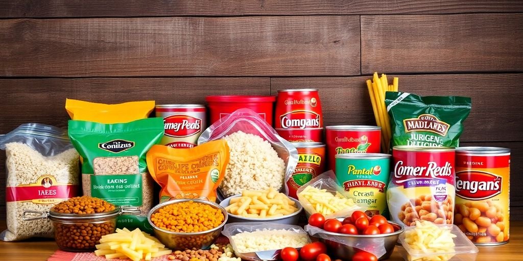 Colorful pantry staples arranged on a wooden surface.