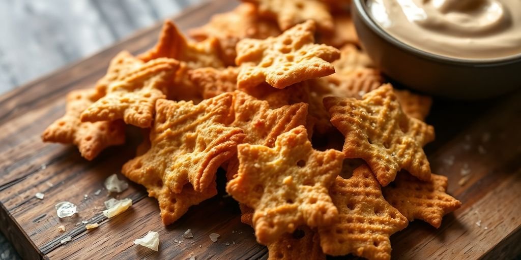 Golden-brown sourdough discard crackers on a wooden board.