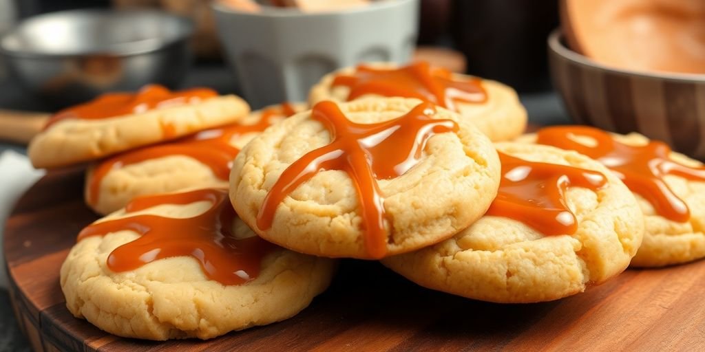 Delicious caramel cheesecake cookies with caramel drizzle.