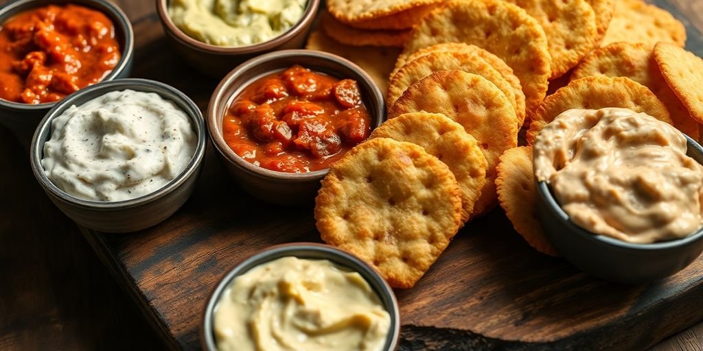 Sourdough discard crackers with colorful dips on a board.