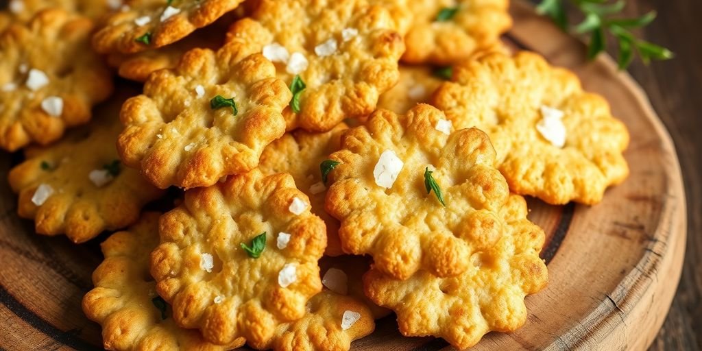 Golden-brown sourdough discard crackers on a wooden board.