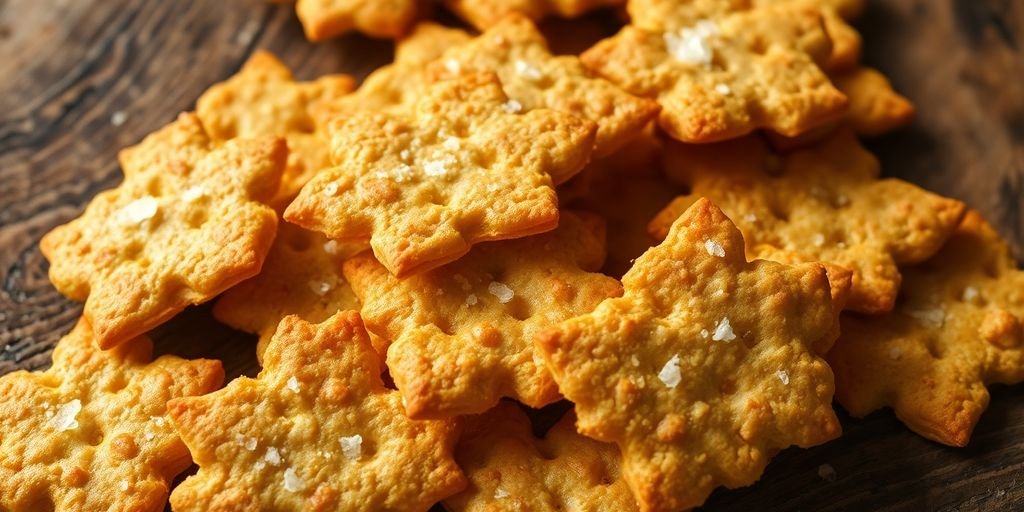 Golden-brown sourdough crackers on a rustic wooden table.