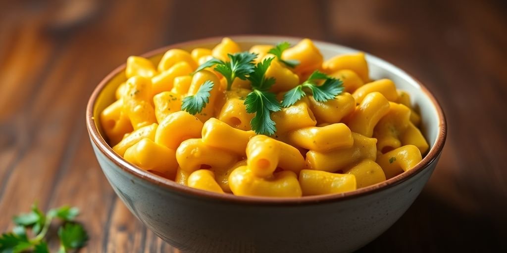 Bowl of Curry Mac and Cheese with cilantro garnish.