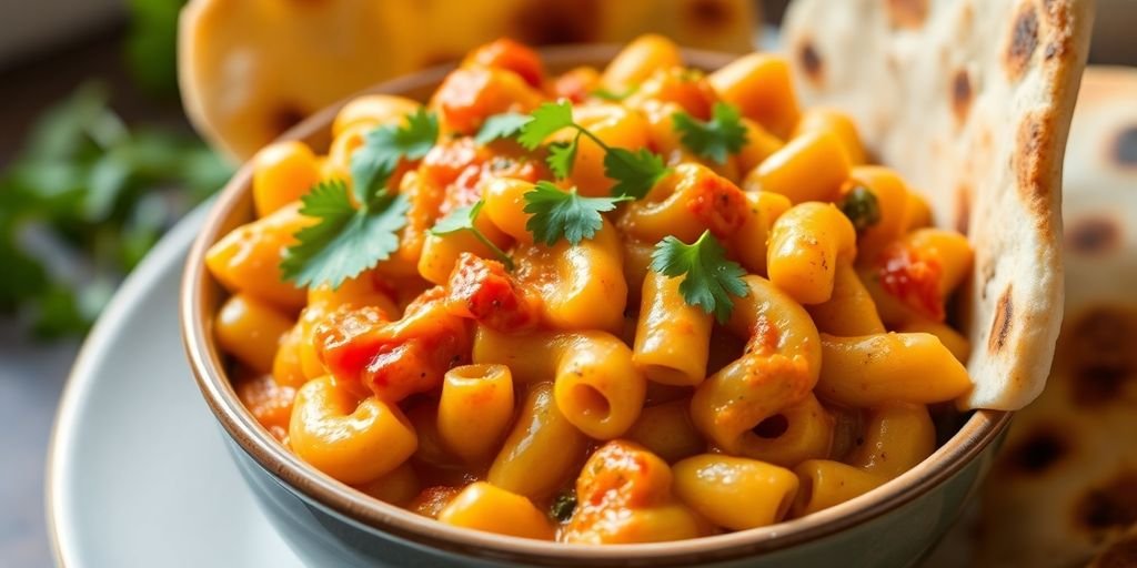 Creamy curry mac and cheese with naan and cilantro.