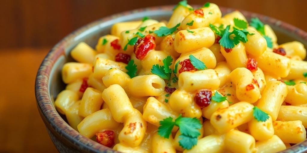 Bowl of curry mac and cheese with herbs and spices.