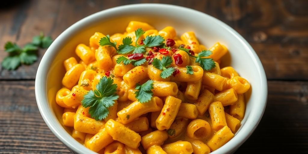 Colorful bowl of curry mac and cheese with spices.