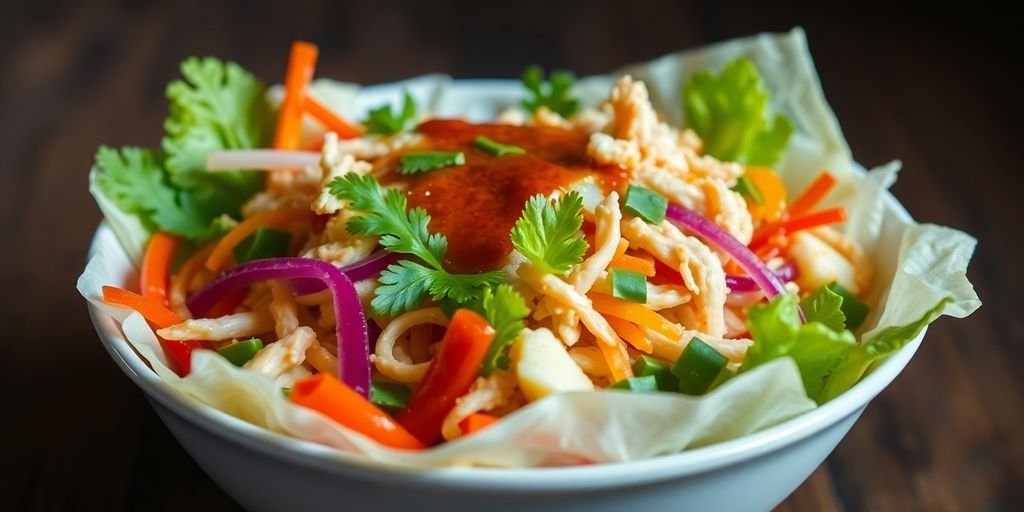 Keto Egg Roll Bowl with colorful vegetables and chicken.