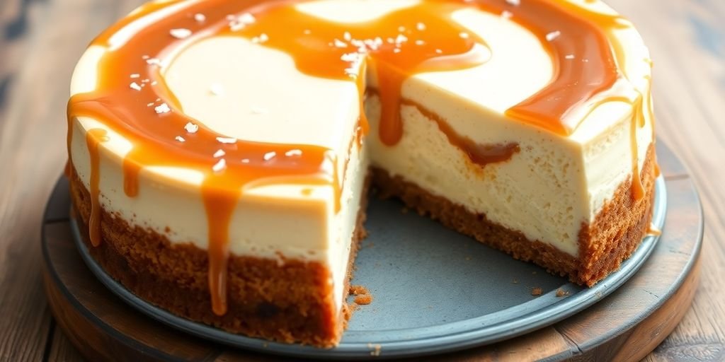 Salted caramel cheesecake with a slice taken out.