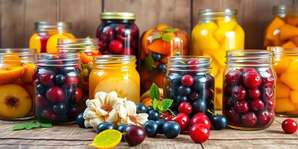 Colorful jars of sugar-free summer fruits on a table.